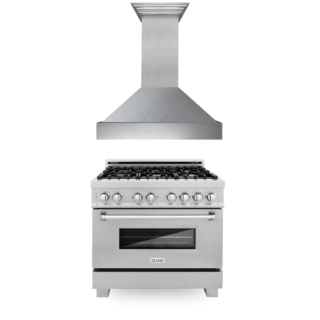 ZLINE 36 in. Kitchen Package with DuraSnow Stainless Steel Dual Fuel Range and Convertible Vent Range Hood (2KP-RASSNRH36)