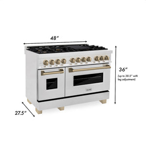 ZLINE Autograph Edition 48 in. 6.0 cu. ft. Legacy Dual Fuel Range with 7 Burner Gas Cooktop and 2 Electric Ovens in DuraSnow® Stainless Steel and Champagne Bronze Accents (RASZ-SN-48-CB)