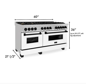 ZLINE Autograph Edition 60 in. 7.4 cu. ft. Legacy Dual Fuel Range with 9 Burner Gas Cooktop and 2 Electric Convection Ovens in Stainless Steel with White Matte Doors and Matte Black Accents (RAZ-WM-60-MB)