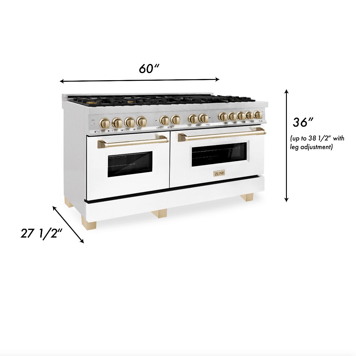 ZLINE Autograph Edition 60 in. 7.4 cu. ft. Dual Fuel Range with Gas Stove and Electric Oven in DuraSnow® Stainless Steel with White Matte Doors and Polished Gold Accents (RASZ-WM-60-G)