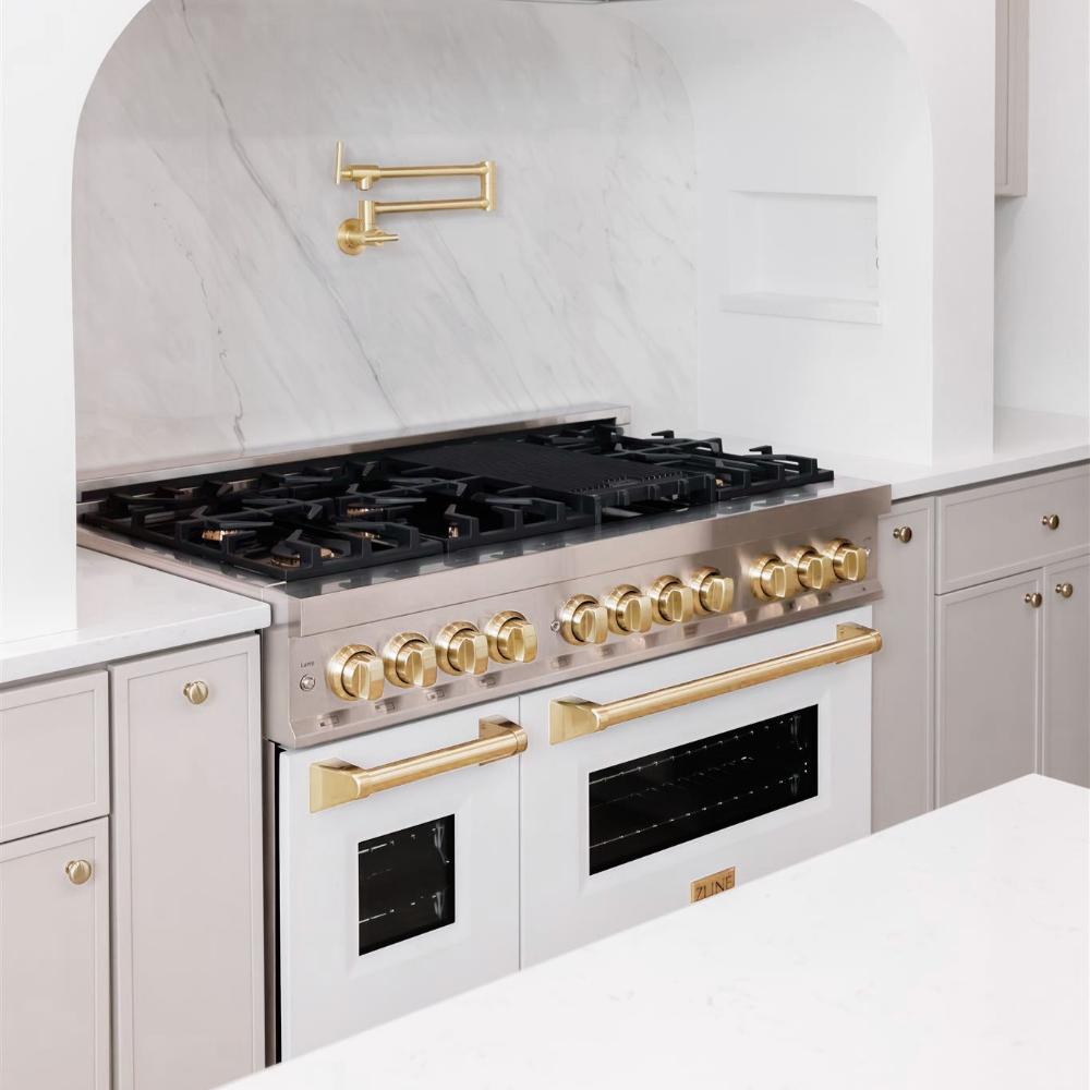 ZLINE Autograph Edition 48 in. 6.0 cu. ft. Legacy Dual Fuel Range with 7 Burner Gas Cooktop and 2 Electric Ovens in Stainless Steel with White Matte Doors and Polished Gold Accents (RAZ-WM-48-G)