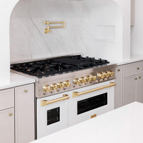 ZLINE Autograph Edition 48 in. 6.0 cu. ft. Legacy Dual Fuel Range with 7 Burner Gas Cooktop and 2 Electric Ovens in Stainless Steel with White Matte Doors and Polished Gold Accents (RAZ-WM-48-G)