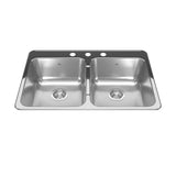 KINDRED RDL2031-3N Reginox 31.25-in LR x 20.5-in FB x 7-in DP Drop In Double Bowl 3-Hole Stainless Steel Kitchen Sink In Linear Brushed Bowls with Mirror Finished Rim