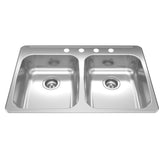 KINDRED RDLA3322-55-4N Reginox 33.38-in LR x 22-in FB x 5.5-in DP Drop In Double Bowl 4-Hole Stainless Steel Kitchen Sink In Satin Finish