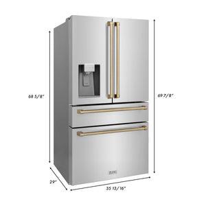 ZLINE 36 in. Autograph Edition Kitchen Package with Stainless Steel Dual Fuel Range, Range Hood, Dishwasher and Refrigeration Including External Water Dispenser with Champagne Bronze Accents (4AKPR-RARHDWM36-CB)
