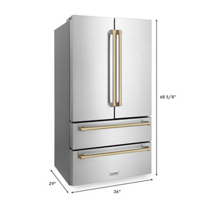 ZLINE Autograph Edition 36 in. Kitchen Package with Stainless Steel Dual Fuel Range, Range Hood, Dishwasher and Refrigerator with Champagne Bronze Accents (4KAPR-RARHDWM36-CB)