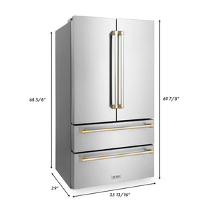 ZLINE Autograph Edition 36 in. Kitchen Package with Stainless Steel Dual Fuel Range, Range Hood, Dishwasher and Refrigerator with Polished Gold Accents (4KAPR-RARHDWM36-G)