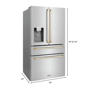 ZLINE Autograph Edition 30 in. Kitchen Package with Stainless Steel Dual Fuel Range, Range Hood, Dishwasher, and Refrigerator with External Water Dispenser with Polished Gold Accents (4AKPR-RARHDWM30-G)
