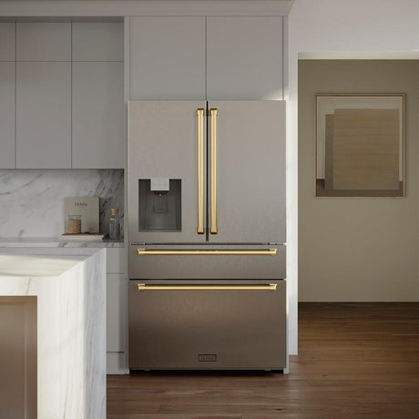 ZLINE Autograph Edition 36 in. 21.6 cu. ft. Counter-Depth French Door Refrigerator with Water and Ice Dispenser in Fingerprint-Resistant Stainless Steel with Polished Gold Traditional Handles (RFMZ-W-36-G)