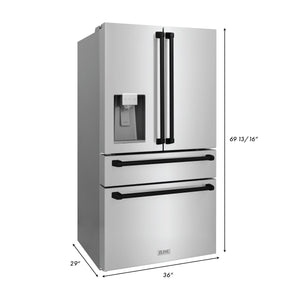 ZLINE Autograph Edition 36 in. Kitchen Package with Stainless Steel Dual Fuel Range, Range Hood, Dishwasher and Refrigerator Including External Water Dispenser with Matte Black Accents (4AKPR-RARHDWM36-MB)