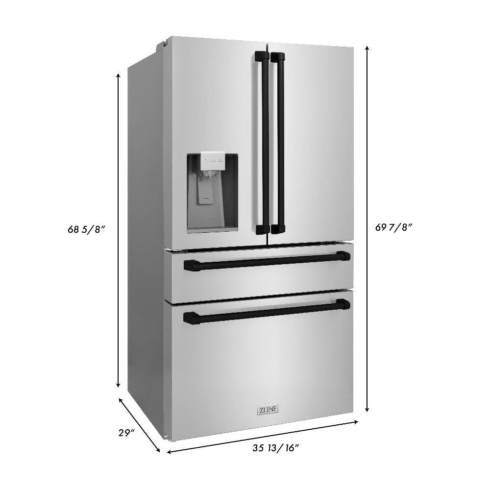 ZLINE Autograph Edition 48 in. Kitchen Package with Stainless Steel Dual Fuel Range, Range Hood, Dishwasher and Refrigerator Including External Water Dispenser with Matte Black Accents (4AKPR-RARHDWM48-MB)