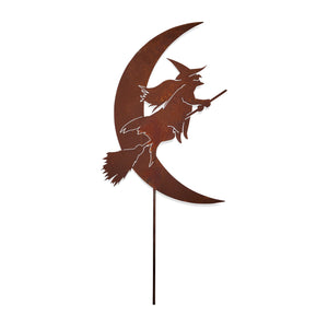 Village Wrought Iron RGS-219 Witch on Broom and Half Moon - Rusted Garden Stake