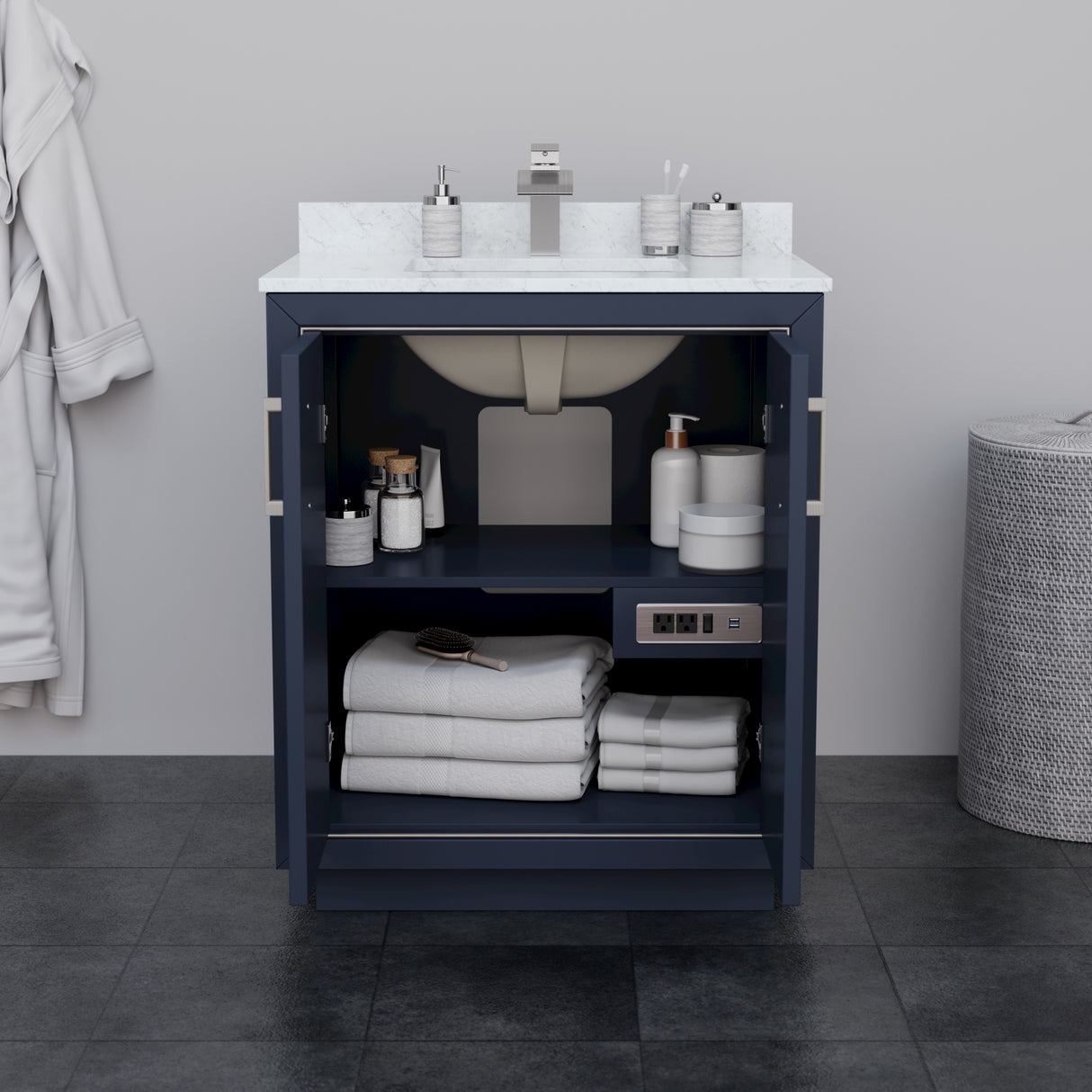 Icon 30 Inch Single Bathroom Vanity in Dark Blue Carrara Cultured Marble Countertop Undermount Square Sink Brushed Nickel Trim 24 Inch Mirror