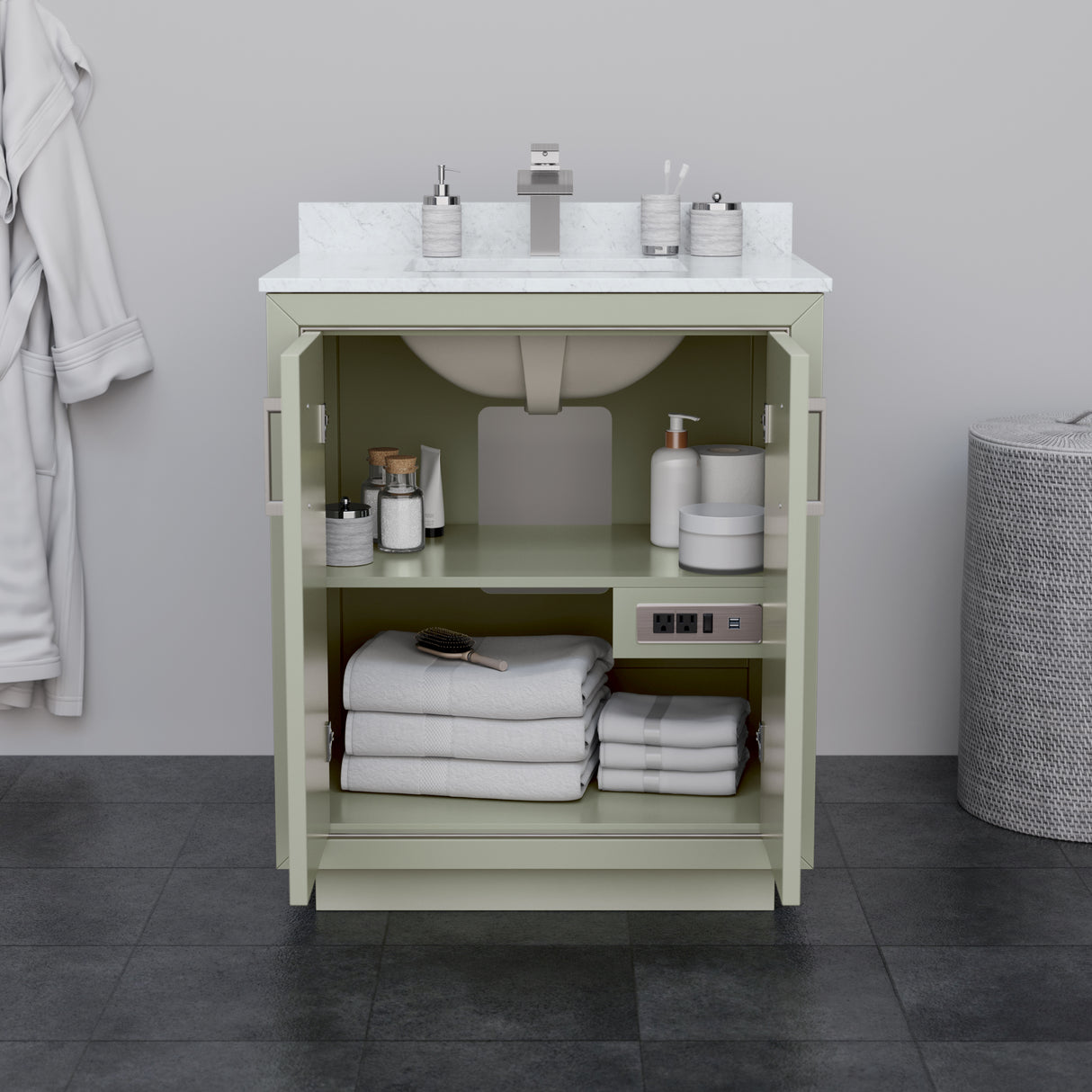 Icon 30 Inch Single Bathroom Vanity in Light Green No Countertop No Sink Brushed Nickel Trim 24 Inch Mirror