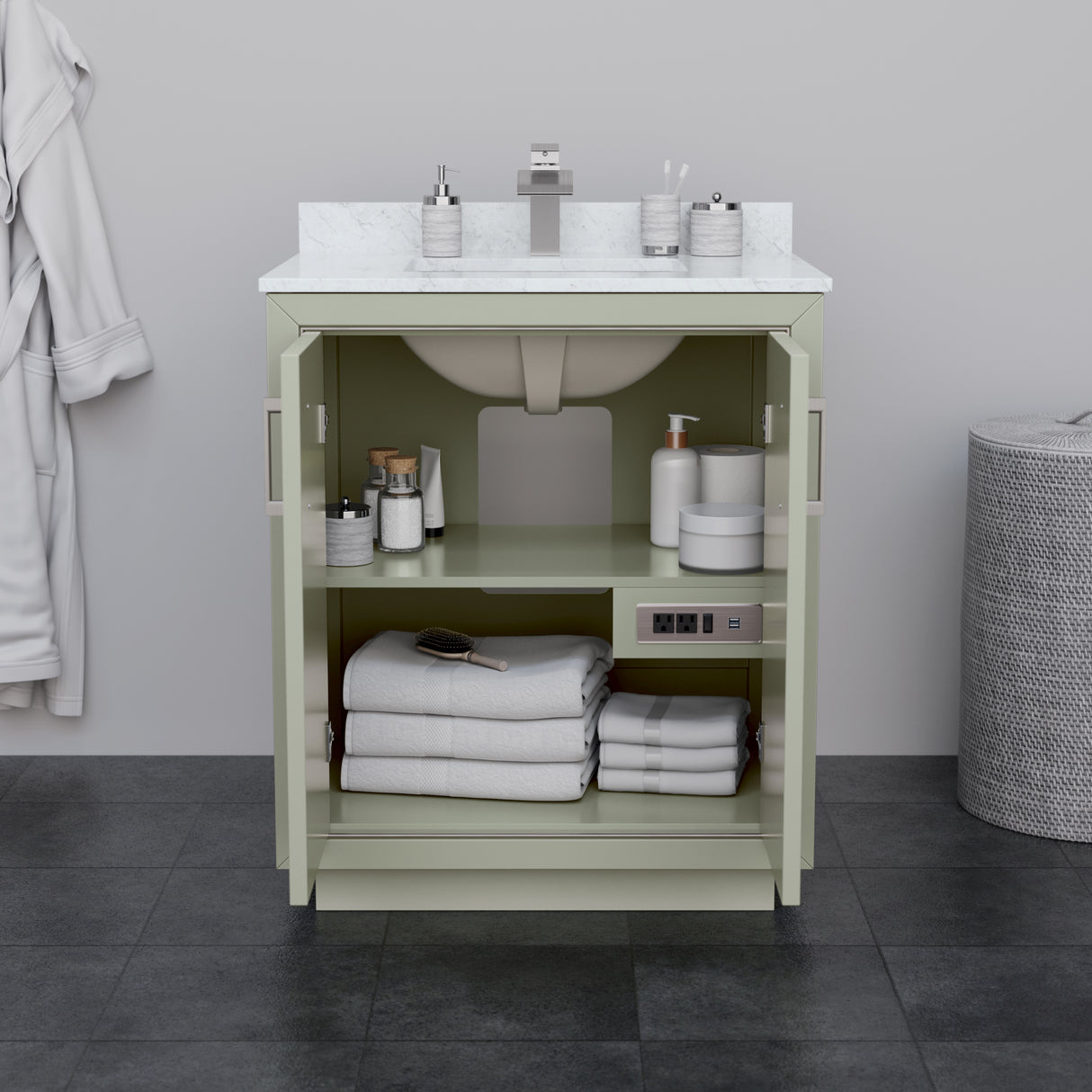 Icon 30 Inch Single Bathroom Vanity in Light Green White Carrara Marble Countertop Undermount Square Sink Brushed Nickel Trim