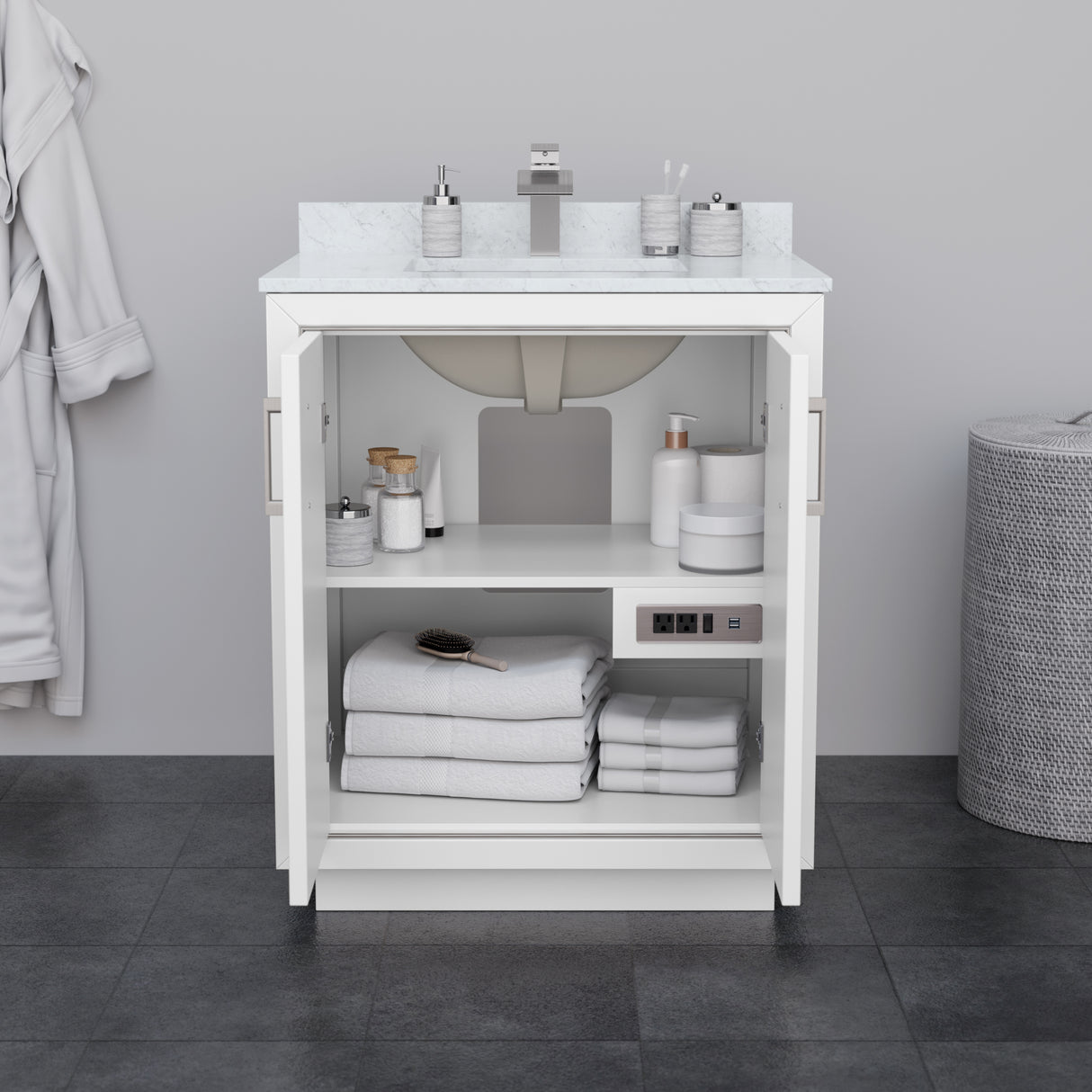 Icon 30 Inch Single Bathroom Vanity in White No Countertop No Sink Satin Bronze Trim