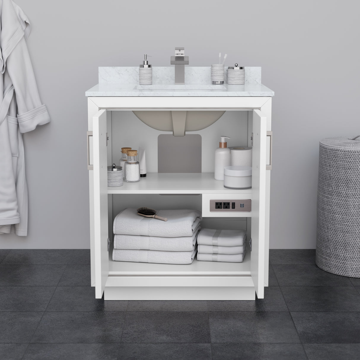 Icon 30 Inch Single Bathroom Vanity in White White Cultured Marble Countertop Undermount Square Sink Satin Bronze Trim
