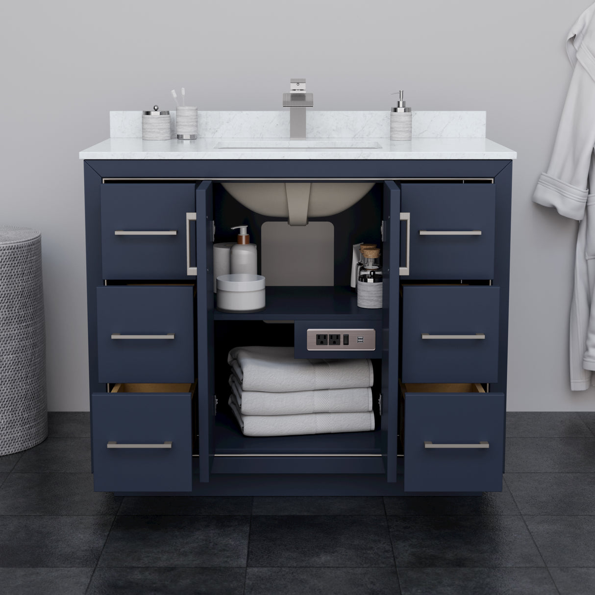 Icon 42 Inch Single Bathroom Vanity in Dark Blue Carrara Cultured Marble Countertop Undermount Square Sink Brushed Nickel Trim
