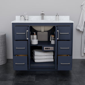 Icon 42 Inch Single Bathroom Vanity in Dark Blue Carrara Cultured Marble Countertop Undermount Square Sink Brushed Nickel Trim