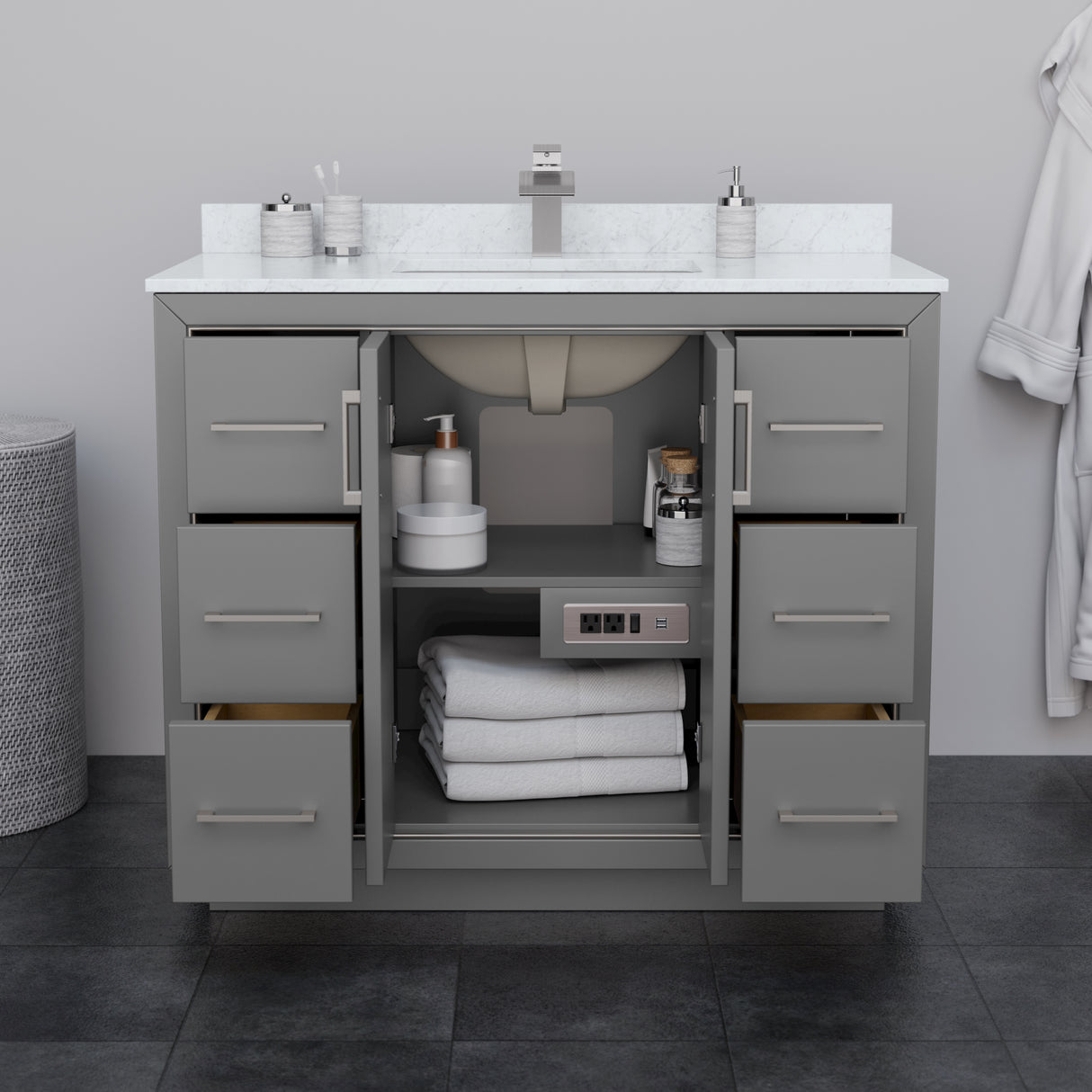 Icon 42 Inch Single Bathroom Vanity in Dark Gray White Cultured Marble Countertop Undermount Square Sink Brushed Nickel Trim 34 Inch Mirror