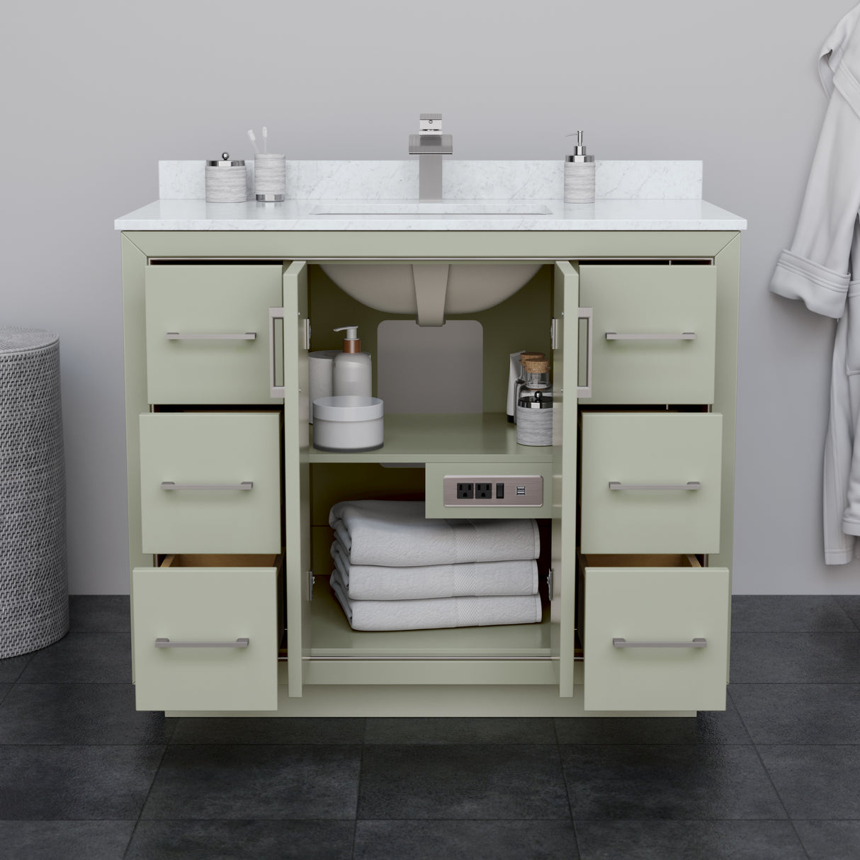 Icon 42 Inch Single Bathroom Vanity in Light Green White Cultured Marble Countertop Undermount Square Sink Brushed Nickel Trim 34 Inch Mirror