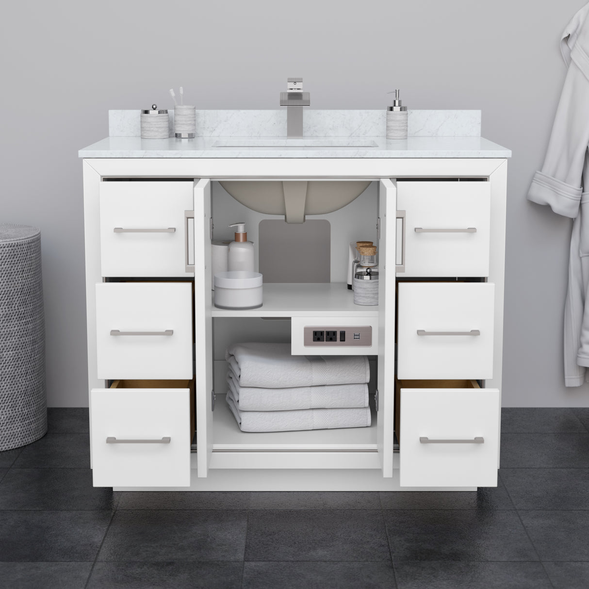 Icon 42 Inch Single Bathroom Vanity in White Carrara Cultured Marble Countertop Undermount Square Sink Brushed Nickel Trim