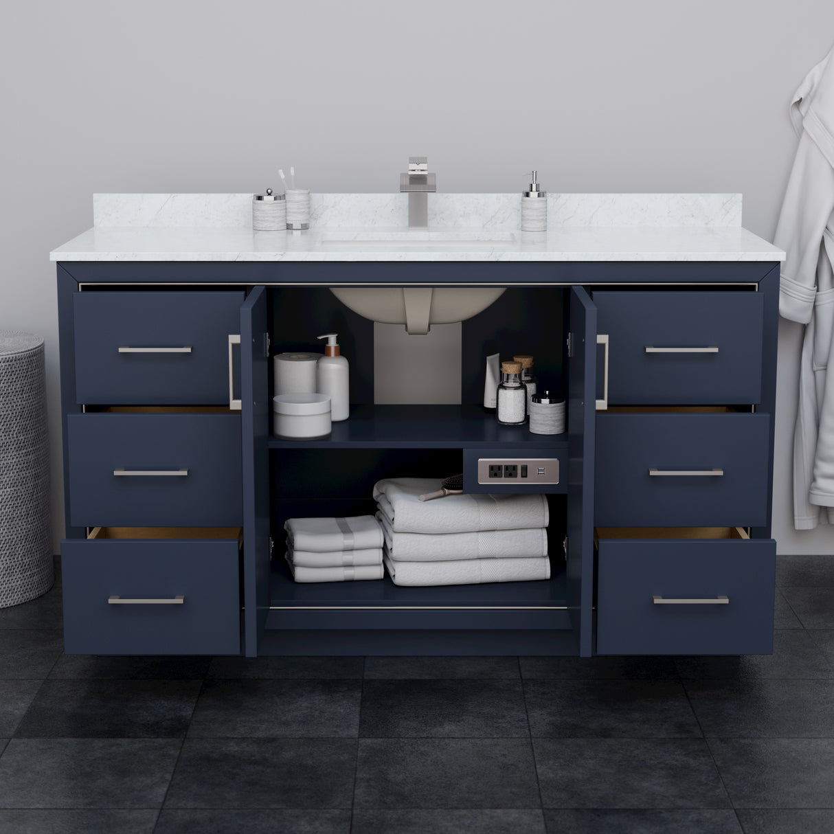 Icon 60 Inch Single Bathroom Vanity in Dark Blue Carrara Cultured Marble Countertop Undermount Square Sink Brushed Nickel Trim 58 Inch Mirror