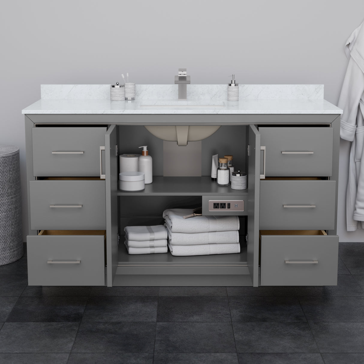 Icon 60 Inch Single Bathroom Vanity in Dark Gray White Carrara Marble Countertop Undermount Square Sink Matte Black Trim 58 Inch Mirror