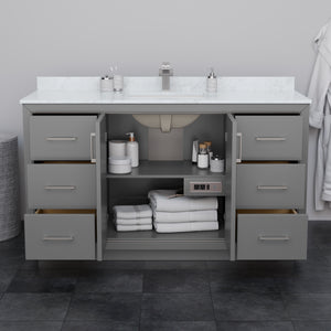 Icon 60 Inch Single Bathroom Vanity in Dark Gray Carrara Cultured Marble Countertop Undermount Square Sink Brushed Nickel Trim 58 Inch Mirror