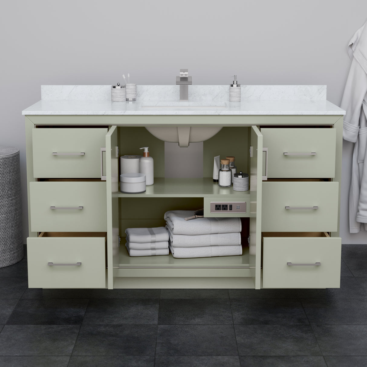 Icon 60 Inch Single Bathroom Vanity in Light Green White Carrara Marble Countertop Undermount Square Sink Brushed Nickel Trim 58 Inch Mirror