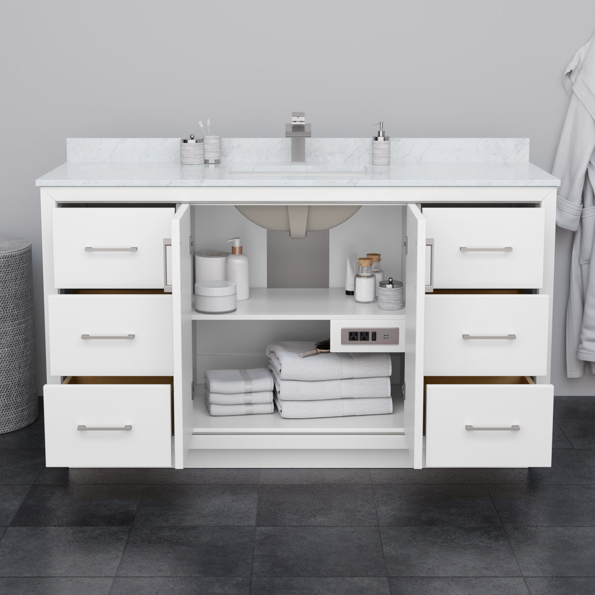Icon 60 Inch Single Bathroom Vanity in White Carrara Cultured Marble Countertop Undermount Square Sink Satin Bronze Trim 58 Inch Mirror