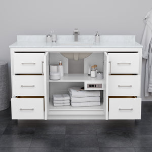 Icon 60 Inch Single Bathroom Vanity in White White Cultured Marble Countertop Undermount Square Sink Satin Bronze Trim 58 Inch Mirror