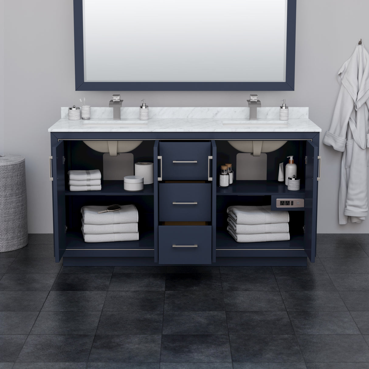 Icon 66 Inch Double Bathroom Vanity in Dark Blue White Cultured Marble Countertop Undermount Square Sinks Brushed Nickel Trim