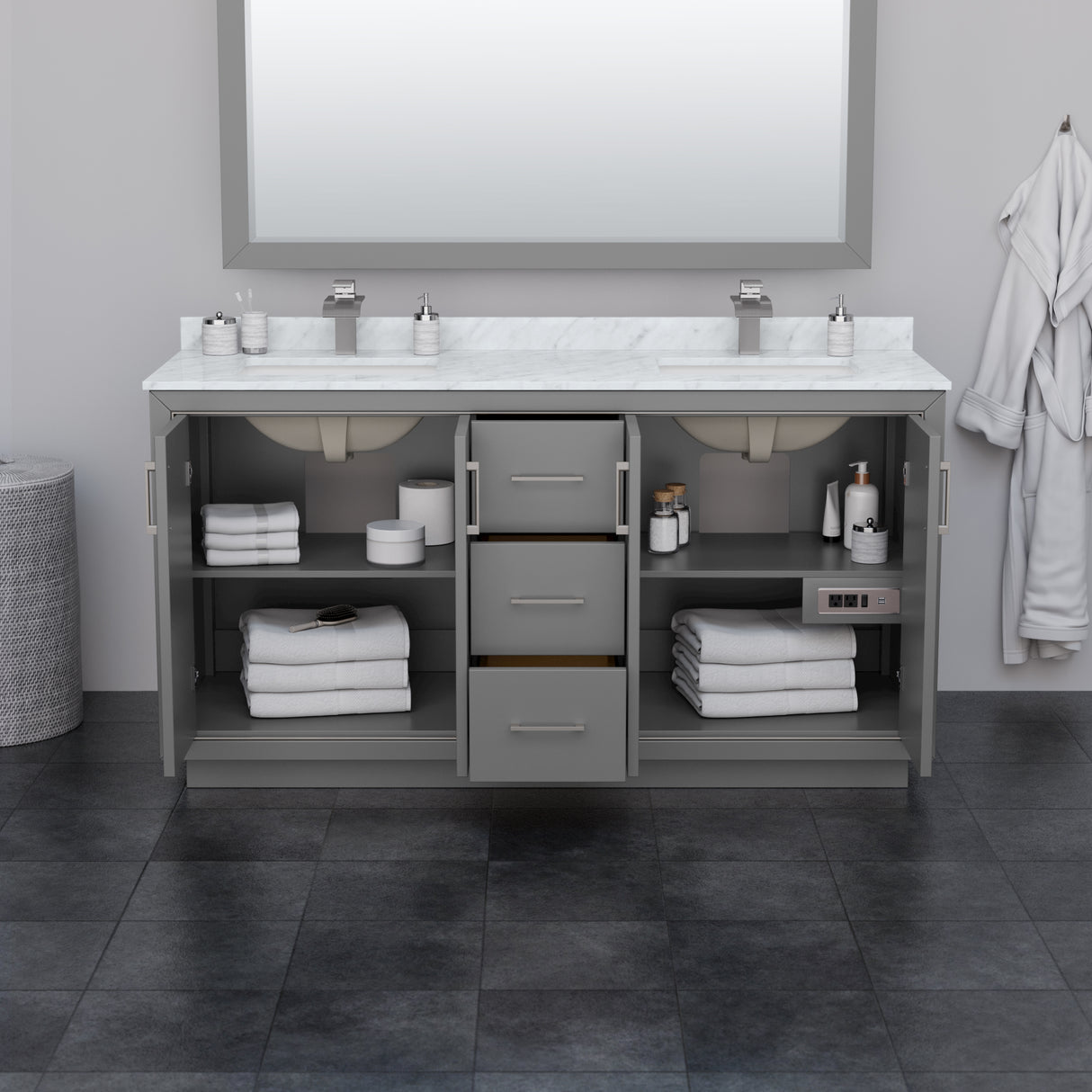 Icon 66 Inch Double Bathroom Vanity in Dark Gray Carrara Cultured Marble Countertop Undermount Square Sinks Brushed Nickel Trim