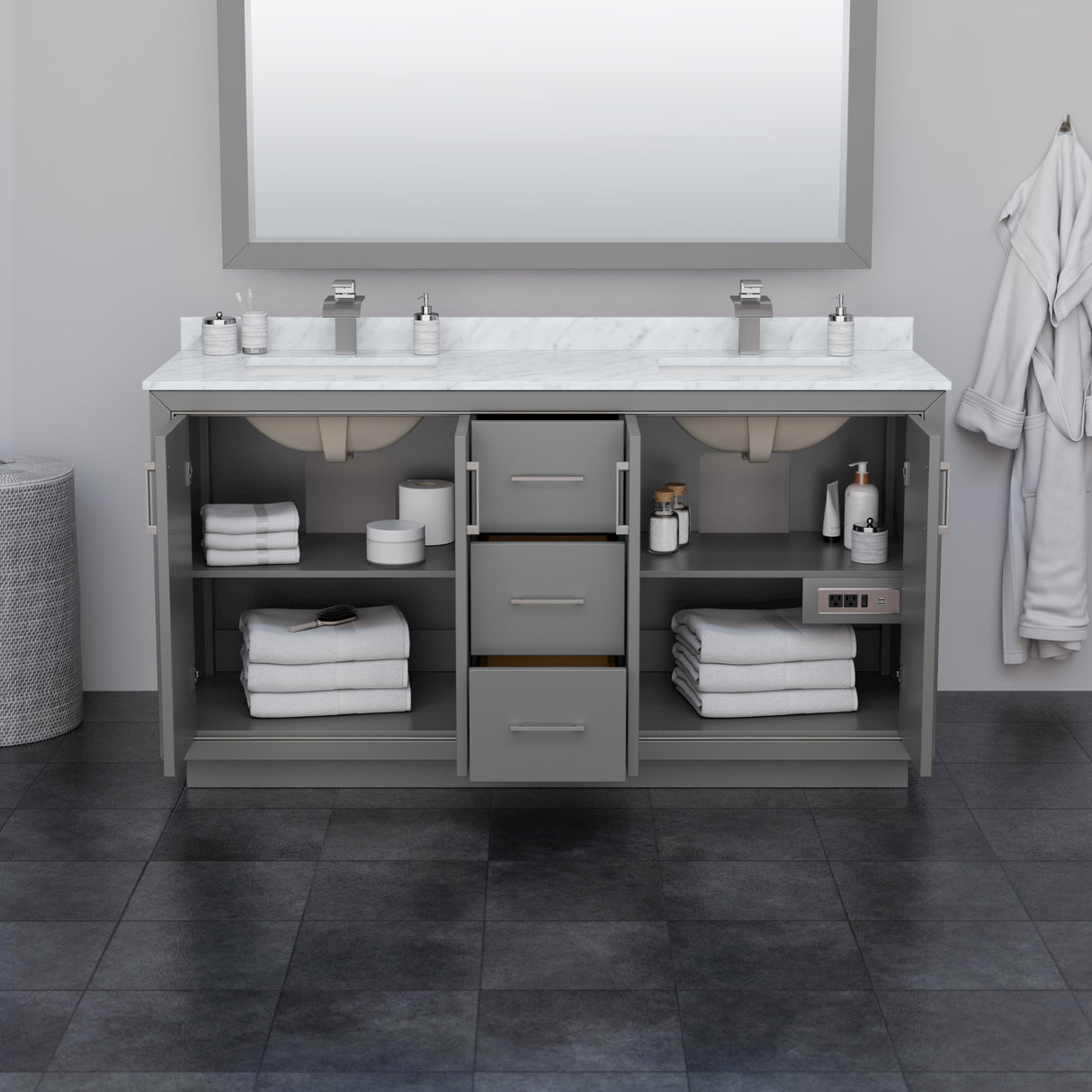 Icon 66 Inch Double Bathroom Vanity in Dark Gray White Carrara Marble Countertop Undermount Square Sinks Matte Black Trim