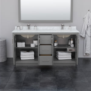 Icon 66 Inch Double Bathroom Vanity in Dark Gray Carrara Cultured Marble Countertop Undermount Square Sinks Brushed Nickel Trim 58 Inch Mirror