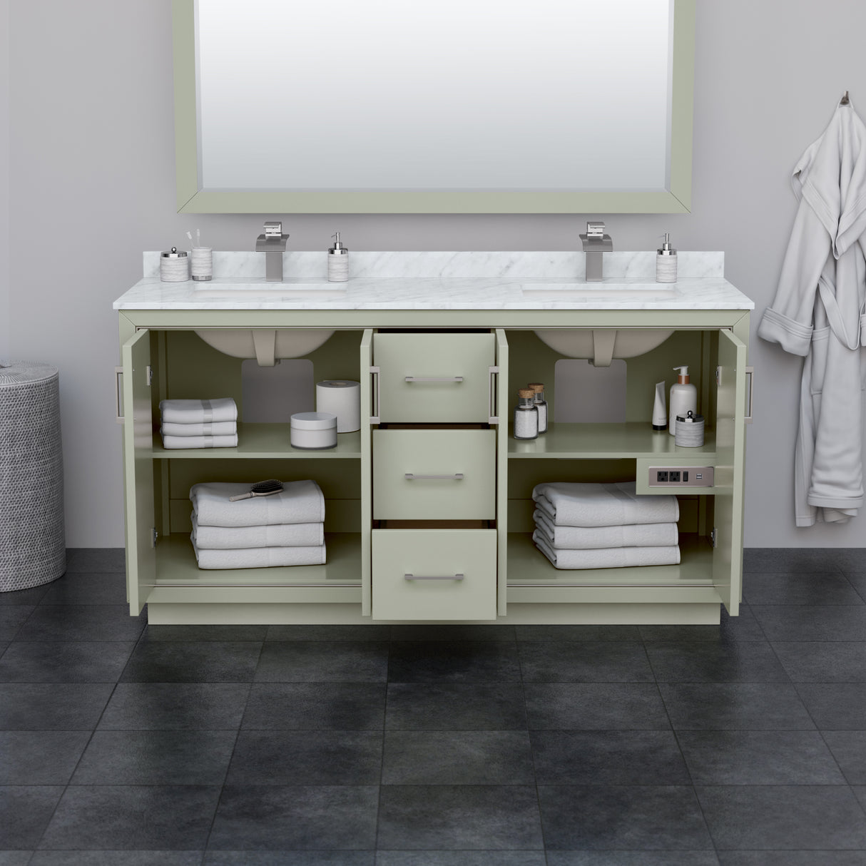 Icon 66 Inch Double Bathroom Vanity in Light Green No Countertop No Sink Brushed Nickel Trim