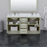Icon 66 Inch Double Bathroom Vanity in Light Green Carrara Cultured Marble Countertop Undermount Square Sinks Brushed Nickel Trim