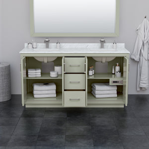 Icon 66 Inch Double Bathroom Vanity in Light Green White Cultured Marble Countertop Undermount Square Sinks Brushed Nickel Trim 58 Inch Mirror