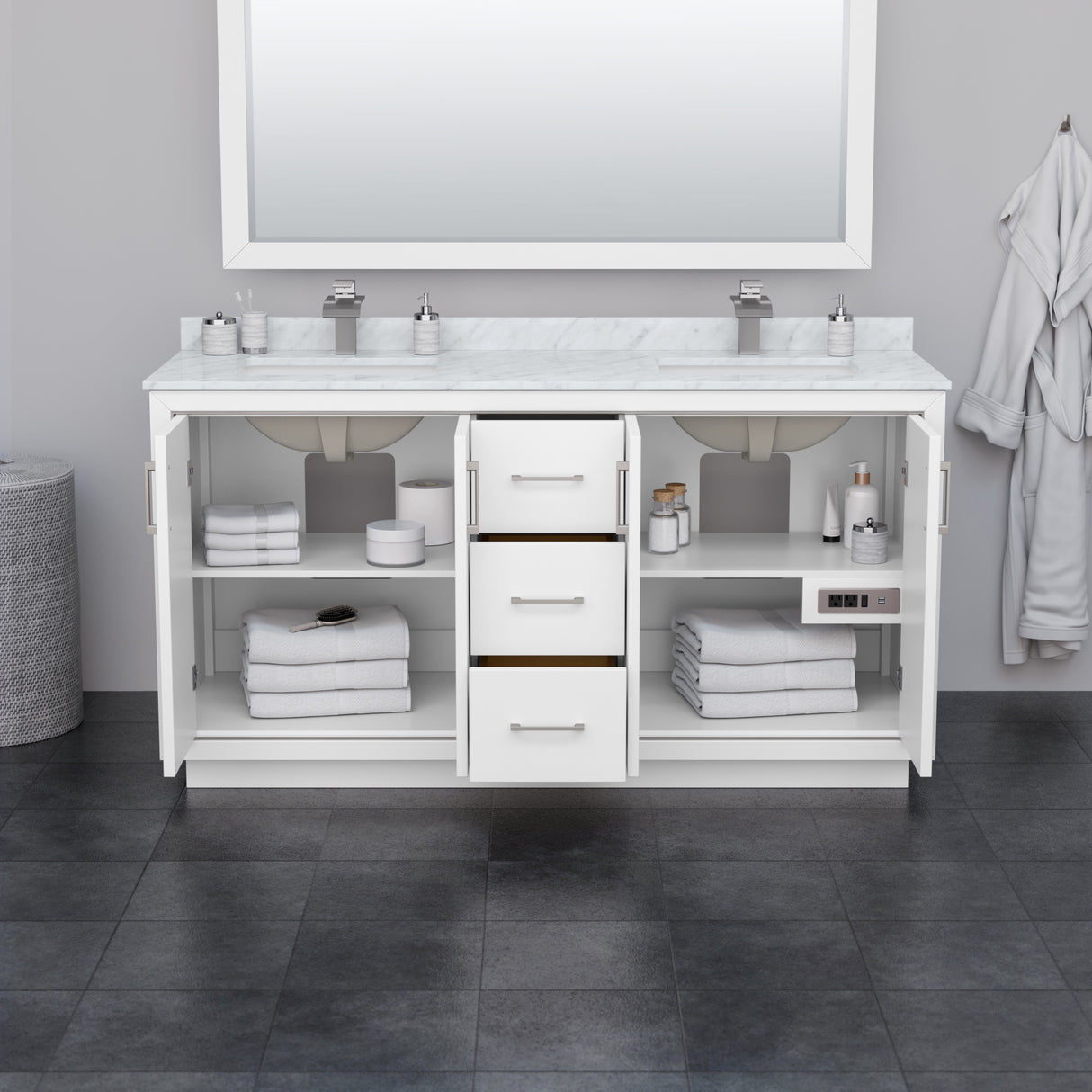 Icon 66 Inch Double Bathroom Vanity in White Carrara Cultured Marble Countertop Undermount Square Sinks Satin Bronze Trim 58 Inch Mirror