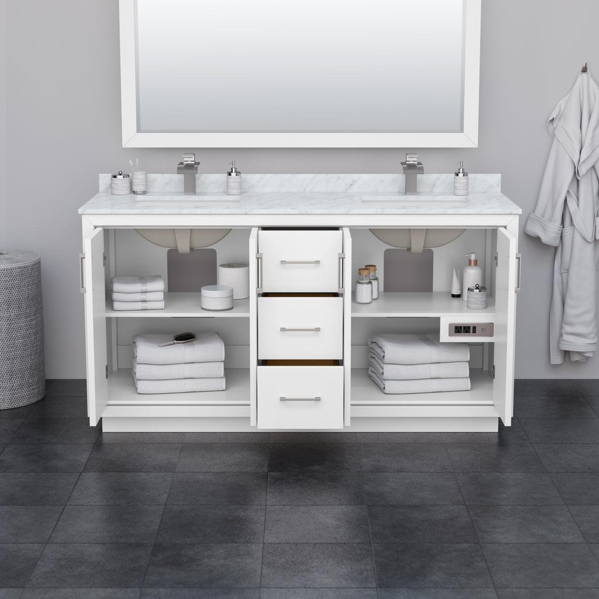 Icon 66 Inch Double Bathroom Vanity in White White Carrara Marble Countertop Undermount Square Sinks Satin Bronze Trim 58 Inch Mirror