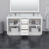 Icon 66 Inch Double Bathroom Vanity in White White Carrara Marble Countertop Undermount Square Sinks Matte Black Trim 58 Inch Mirror