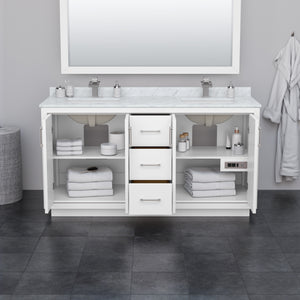 Icon 66 Inch Double Bathroom Vanity in White Carrara Cultured Marble Countertop Undermount Square Sinks Brushed Nickel Trim 58 Inch Mirror