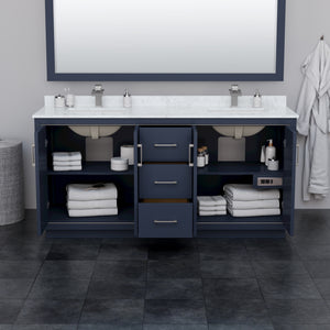 Icon 72 Inch Double Bathroom Vanity in Dark Blue White Cultured Marble Countertop Undermount Square Sinks Brushed Nickel Trim 70 Inch Mirror