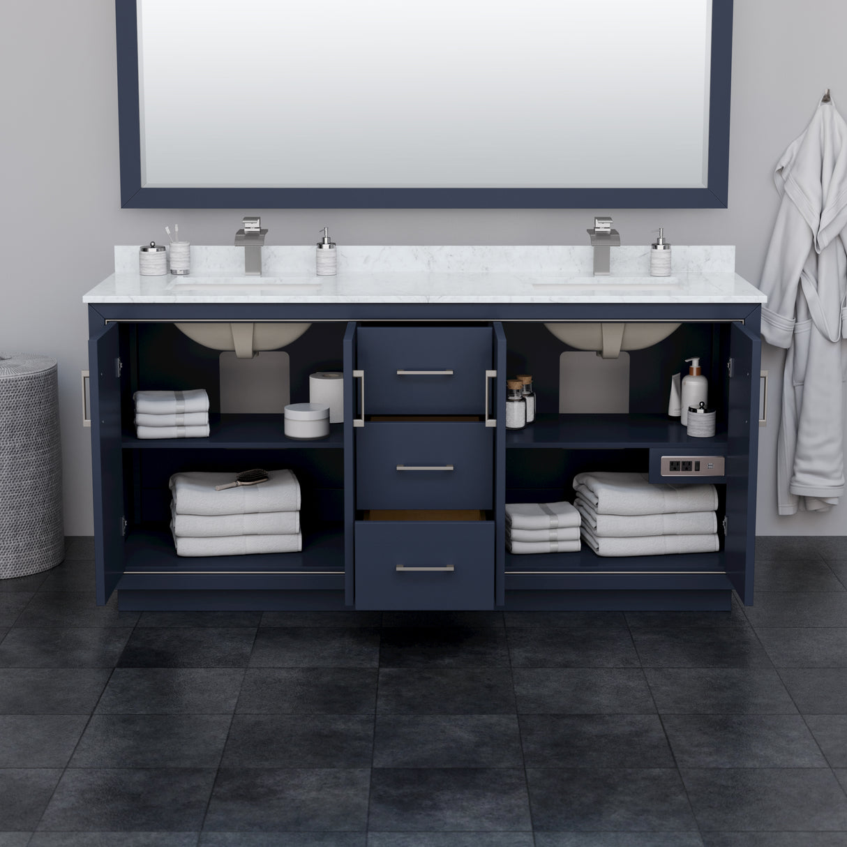 Icon 72 Inch Double Bathroom Vanity in Dark Blue White Carrara Marble Countertop Undermount Square Sinks Brushed Nickel Trim