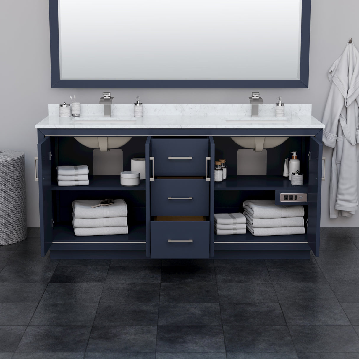 Icon 72 Inch Double Bathroom Vanity in Dark Blue Carrara Cultured Marble Countertop Undermount Square Sinks Brushed Nickel Trim