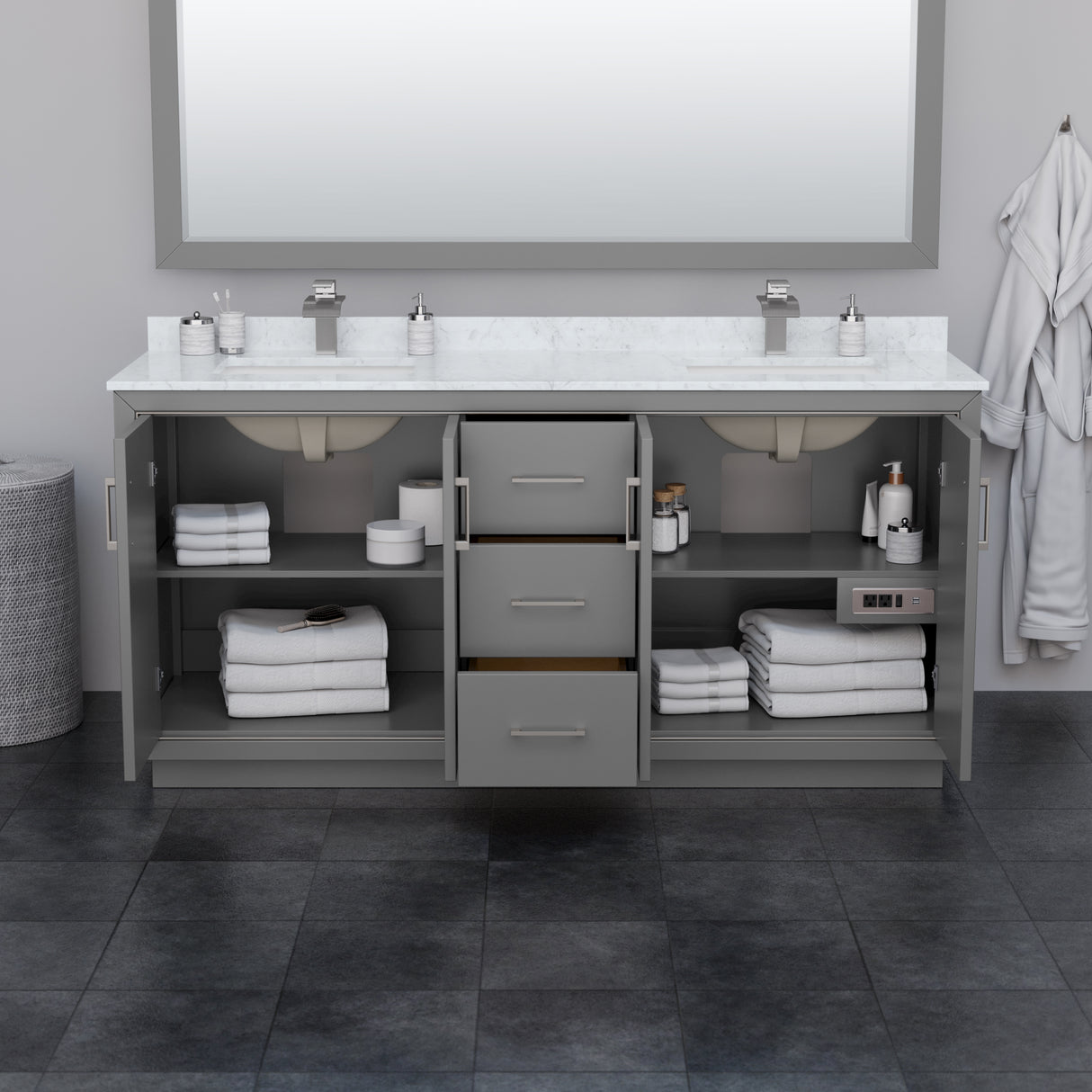 Icon 72 Inch Double Bathroom Vanity in Dark Gray Carrara Cultured Marble Countertop Undermount Square Sinks Matte Black Trim 70 Inch Mirror