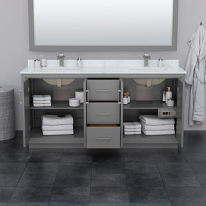 Icon 72 Inch Double Bathroom Vanity in Dark Gray Carrara Cultured Marble Countertop Undermount Square Sinks Matte Black Trim 70 Inch Mirror