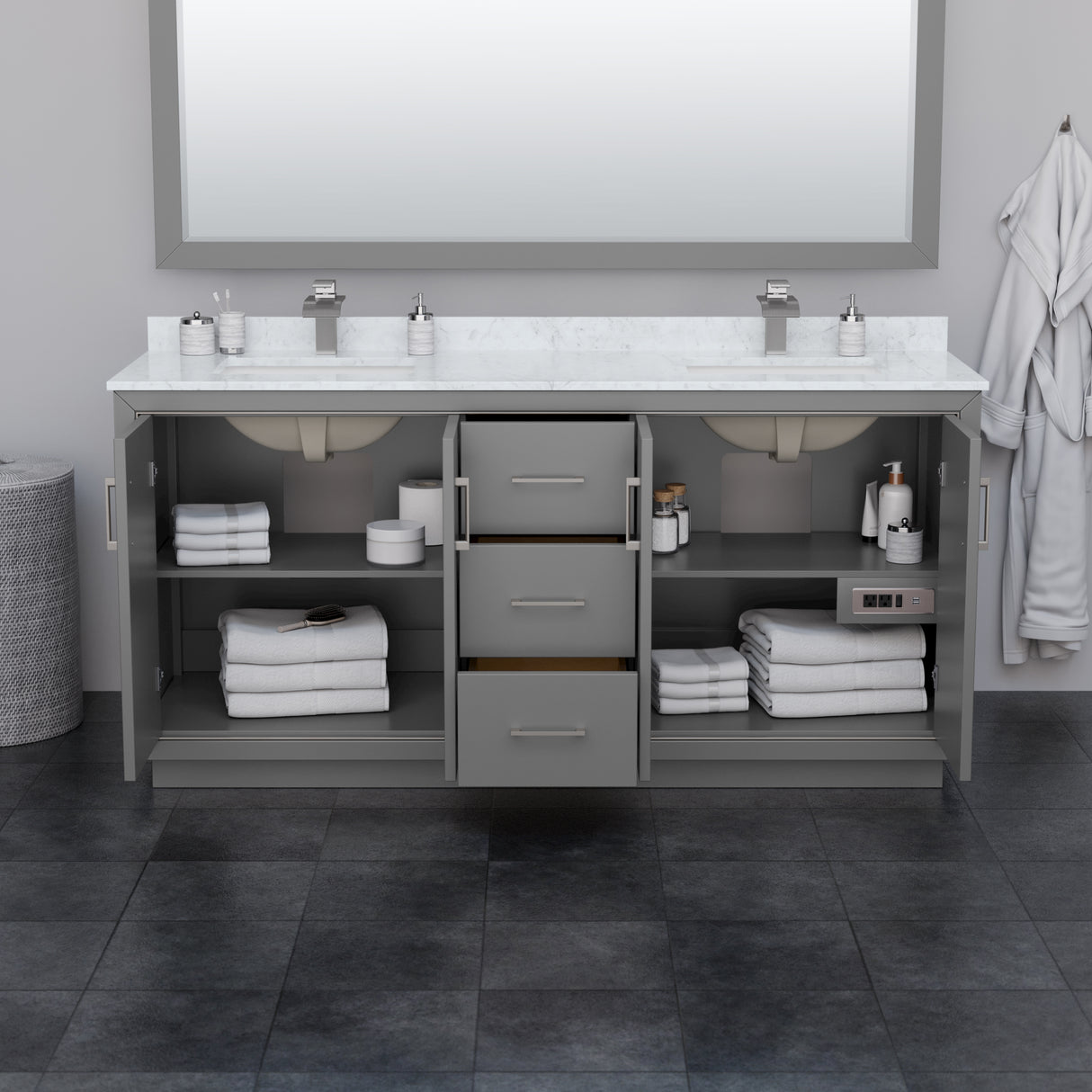 Icon 72 Inch Double Bathroom Vanity in Dark Gray White Carrara Marble Countertop Undermount Square Sinks Brushed Nickel Trim 70 Inch Mirror