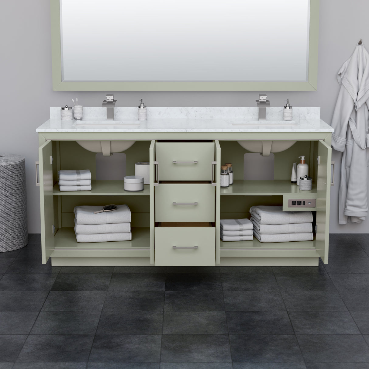 Icon 72 Inch Double Bathroom Vanity in Light Green Carrara Cultured Marble Countertop Undermount Square Sinks Brushed Nickel Trim 70 Inch Mirror